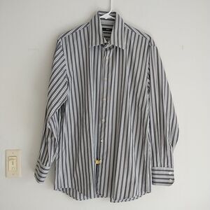 HUGO BOSS Button Up Shirt Men 32 16.5 Blue Stripe Slim Fit 100% Cotton Office